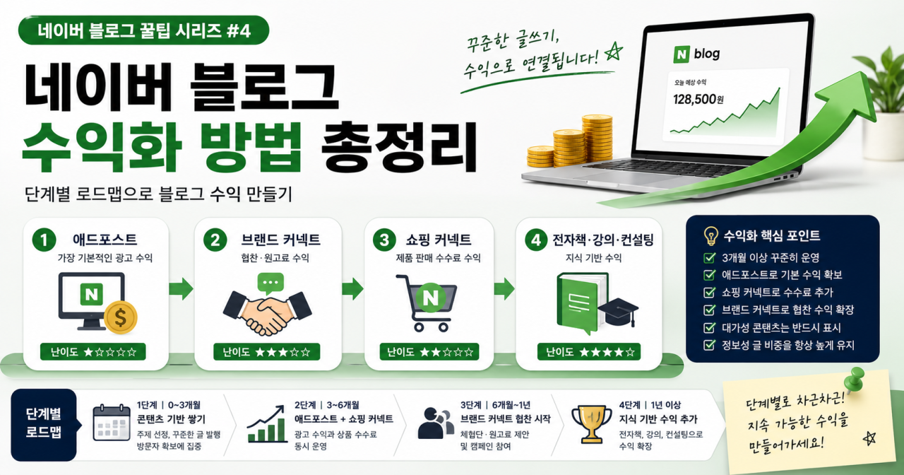 네이버 블로그 수익화 방법 4가지 — 단계별 로드맵과 현실적인 수익
