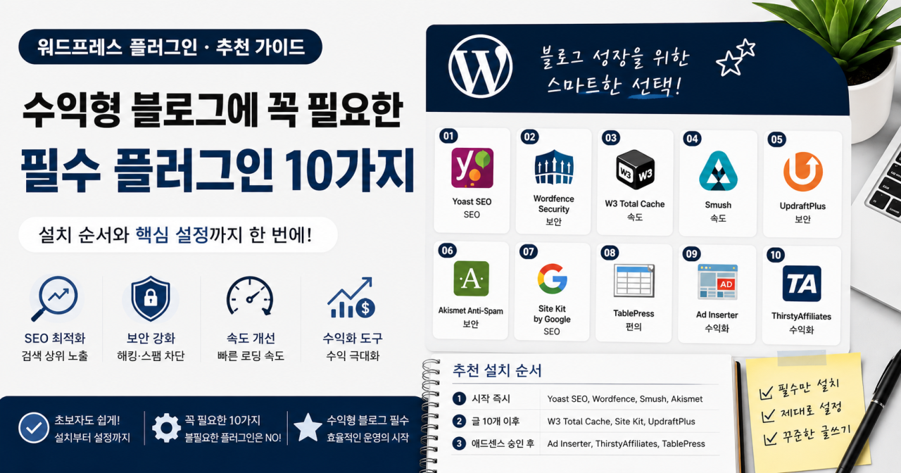 워드프레스 필수 플러그인 10가지 — SEO·보안·속도·수익화 완벽 정리