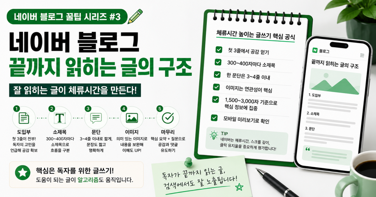 네이버 블로그 글쓰기 꿀팁 — 끝까지 읽히는 글의 구조