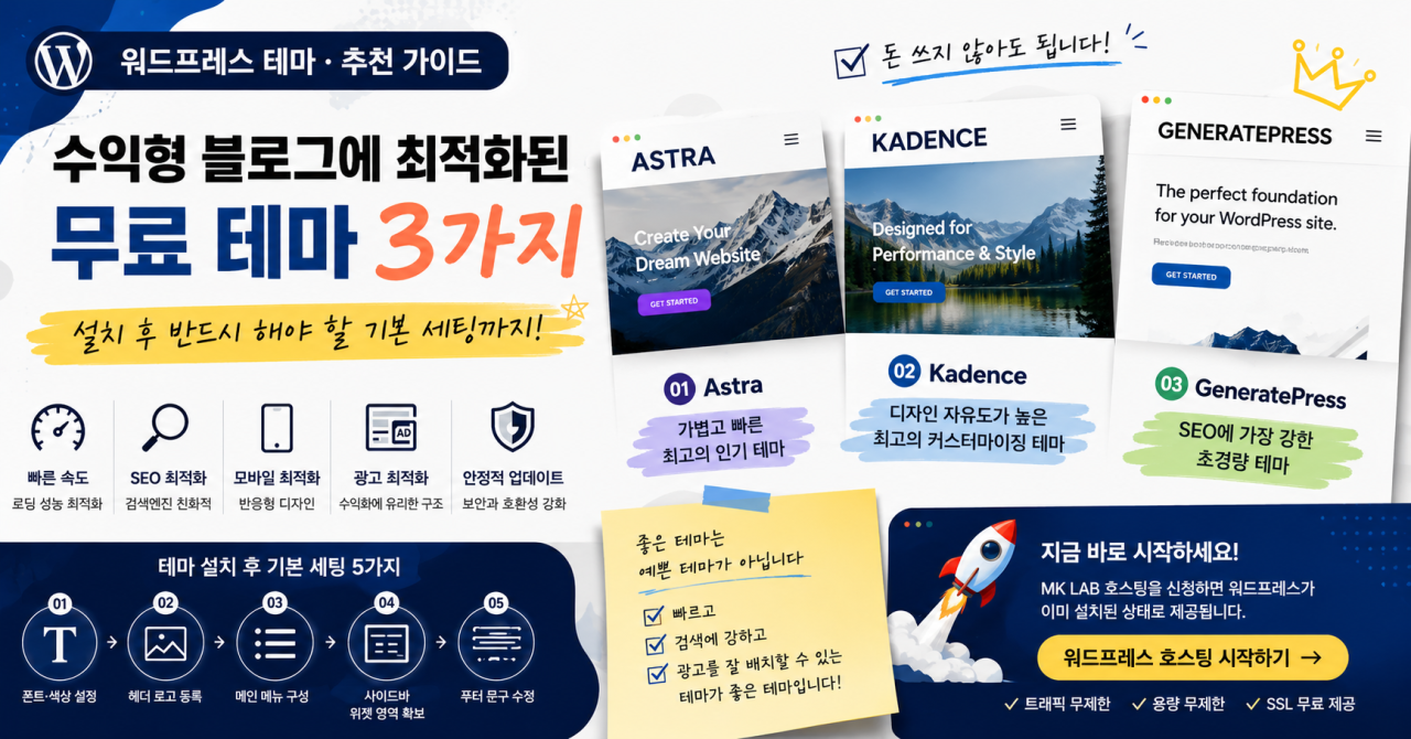 워드프레스 무료 테마 추천 TOP 3 비교